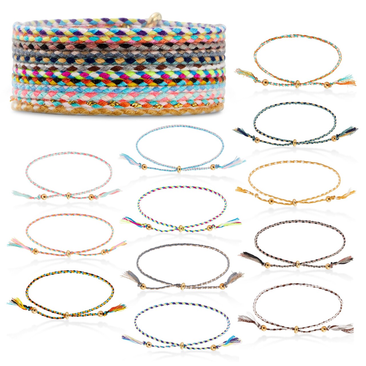 12 Pack Friendship Bracelet Braided Rope, Colorful Jewelry, Adjustable, Multicolor